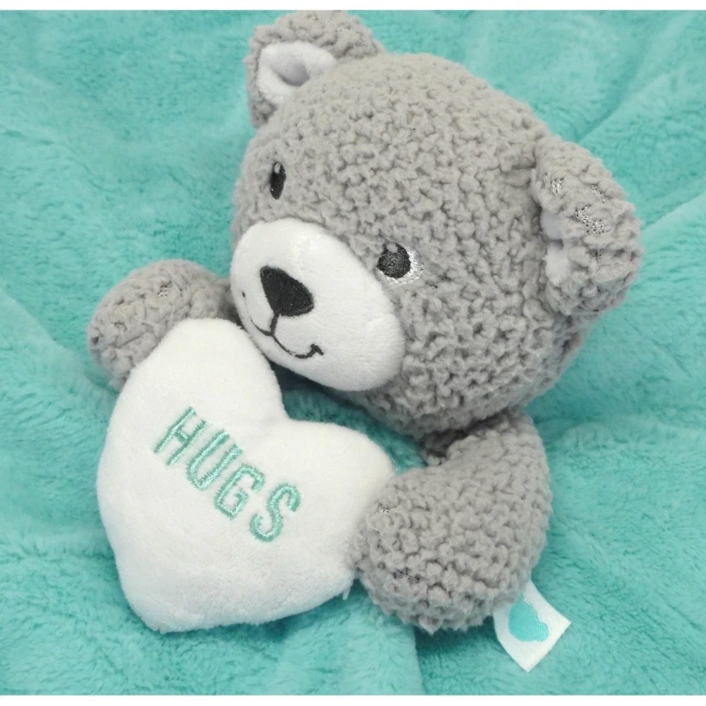 Build A Bear Security Blanket Lovey Teddy Bear Gray Teal Baby Holding Hugs Heart